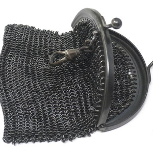 Antique Victorian Mourning French Gunmetal Mesh Coin Purse Chatelaine Chainmaille Pendant image 5