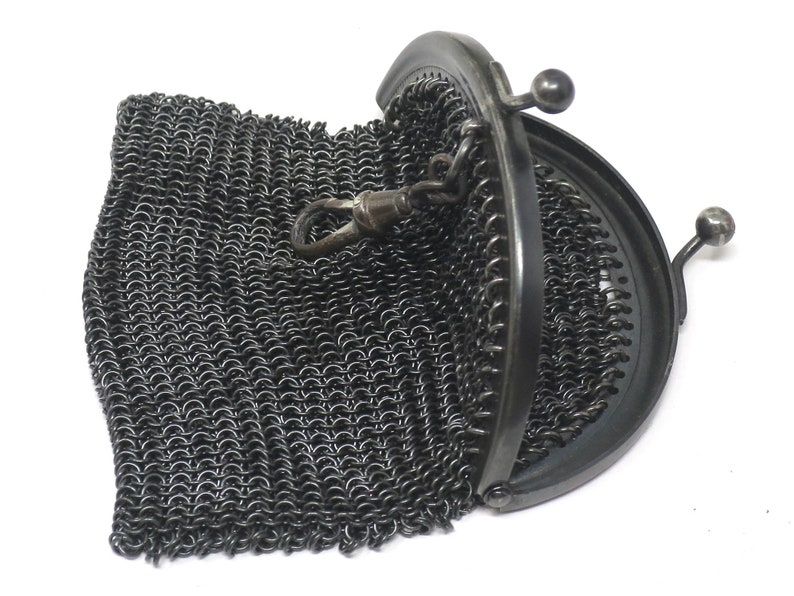 Antique Victorian Mourning French Gunmetal Mesh Coin Purse Chatelaine Chainmaille Pendant image 5