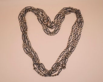 ANtique Long Niello Silver & Rose Gold Gilt Sautoir Muff Guard Chain Necklace, 59" inches