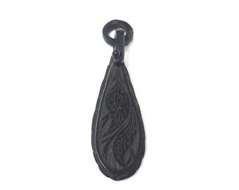 Victorian Carved Whitby Jet Mourning Pendant with Hinged Bail & Engraved Leaves