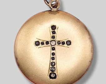 Antique Victorian 14k Gold Filled Locket Pendant with Black Paste Cross
