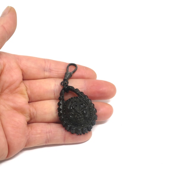 Antique Victorian Carved Whitby Jet Pendant - image 3