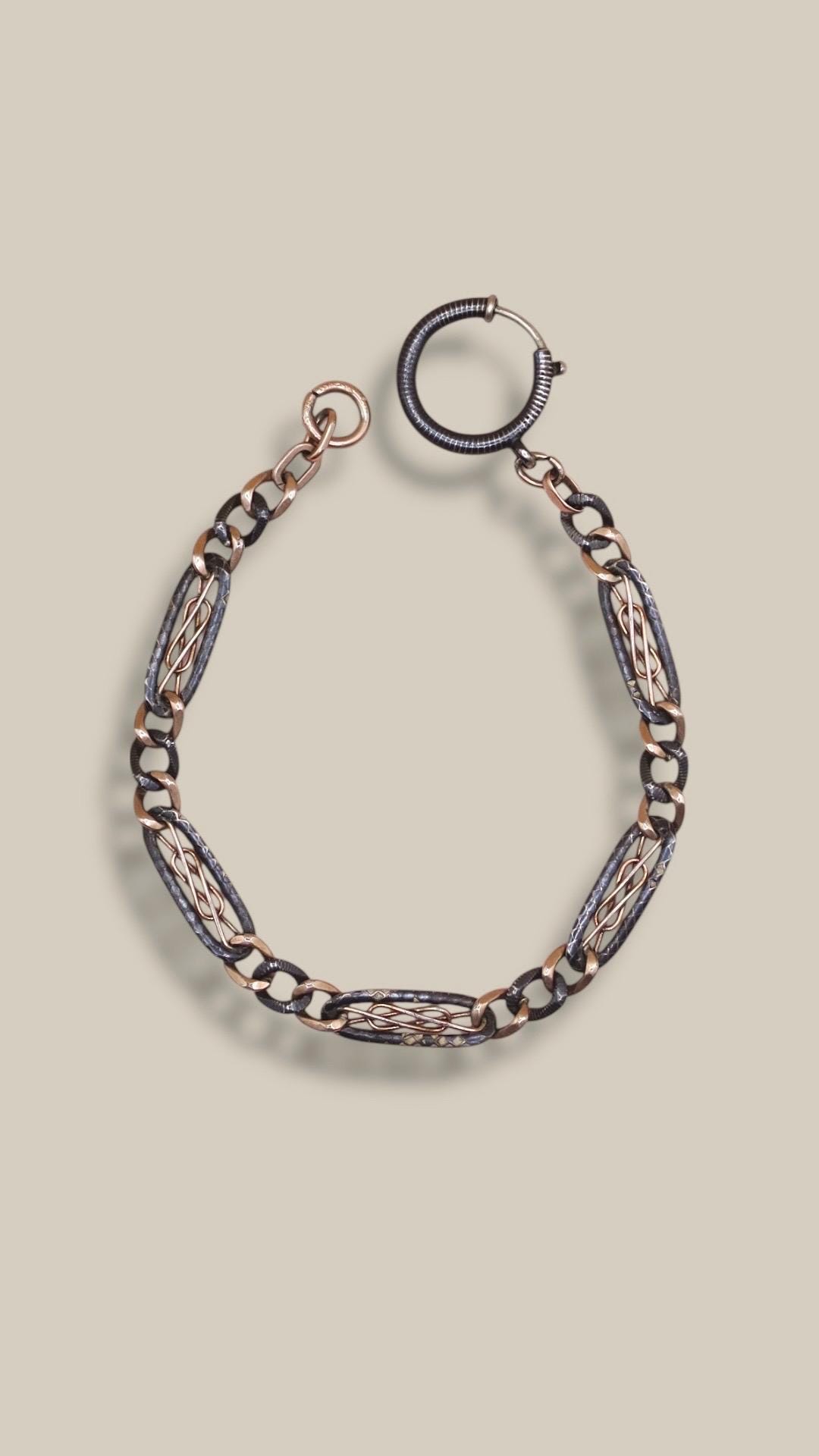 Antique Victorian Niello 800 Silver & 12k Rose Gold Gilt Chain Bracelet, 8.75" inches MB57