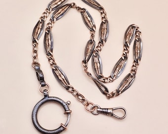 Antique Victorian 800 Silver & 9K Rose Gold Vermeil Niello Trombone Link Necklace M66