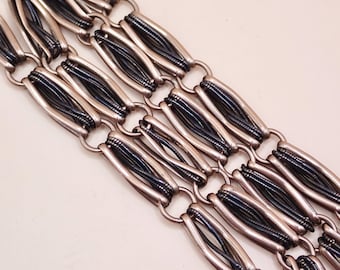 Antique Victorian Niello .800 Silver 10K Rose Gold Vermeil Trombone Chain Necklace (18") MB70