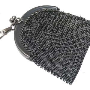 Antique Victorian Mourning French Gunmetal Mesh Coin Purse Chatelaine Chainmaille Pendant image 8