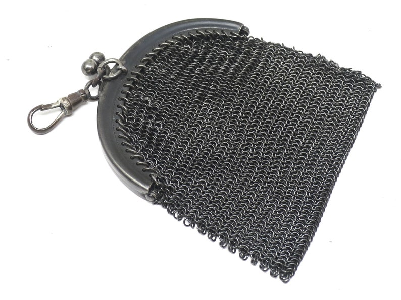 Antique Victorian Mourning French Gunmetal Mesh Coin Purse Chatelaine Chainmaille Pendant image 8