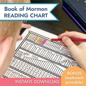 Puede incluir: Un gráfico de lectura imprimible en blanco y negro para el Libro de Mormón. El gráfico presenta una estantería con cada libro del Libro de Mormón representado por una fila de libros. El gráfico está diseñado para ser coloreado a medida que el lector avanza por el libro. El gráfico incluye el texto "Book of Mormon Reading Chart" y "Instant Download".