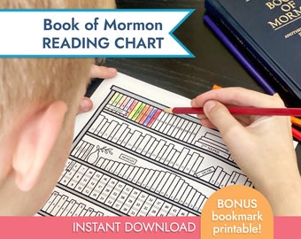 May include: A black and white printable reading chart for the Book of Mormon. The chart features a bookshelf with each book of the Book of Mormon represented by a row of books. The chart is designed to be colored in as the reader progresses through the book. The chart includes the text "Book of Mormon Reading Chart" and "Instant Download".