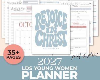 Peut inclure: Un classeur de planification 2027 pour les jeunes femmes SDJ comprenant plus de 35 pages de modèles PDF remplissables. La couverture affiche le texte Rejoice in Christ Philippians 4:4 en grandes lettres bleues ondulées.