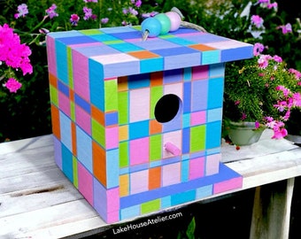 OOAK Cube Birdhouse, Hand Painted. Rubik's Cube Birdhouse. Piet Mondrian Cube House.