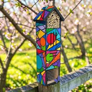 May include: A tall, rectangular insect hotel featuring a vibrant, multi-colored geometric pattern of triangles and circles. The structure includes a top section with hollow bamboo tubes, middle panels with narrow slits, and a bottom wire mesh compartment.