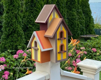 OOAK Large Birdhouse Hand Painted. Three Section Large Birdhouse, Post Mount.