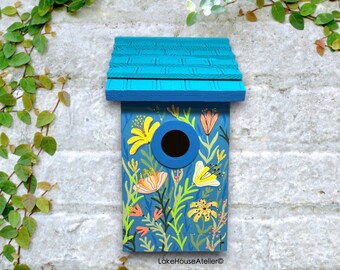 Wall Mount Birdhouse Original Design. OOAK Custom Painted Folk Art Birdhouse. Post Mount Floral Birdhouse.