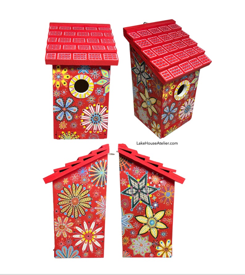 Casa de pájaros personalizada pintada a mano y personalizada. OOAK Casa de pájaros pintada a medida personalizada. Pajarera para poste o pared. imagen 5
