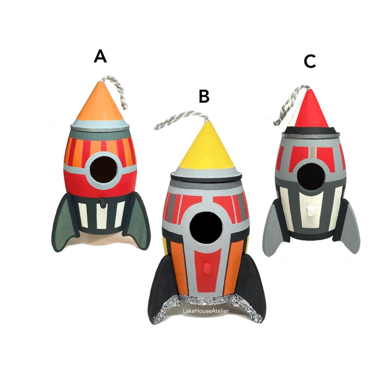 Custom Painted Rocket Ship. Geometric Space Ship. Space Theme Party Favor. Space Ship Toy. image 2
