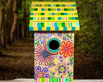 OOAK Hand Painted Birdhouse. Folk Art Painted Birdhouse. Cleanable Birdhouse.