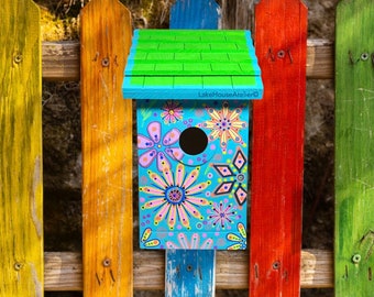 OOAK Cleanable Birdhouse. Folk Art Red Painted Birdhouse. Floral Birdhouse.