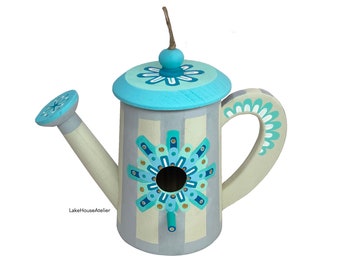 OOAK Striped Birdhouse Watering Can Style.