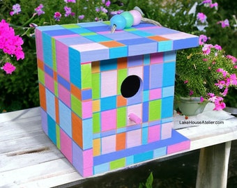 OOAK Cube Birdhouse, Hand Painted. Rubik's Cube Birdhouse. Piet Mondrian Cube House.