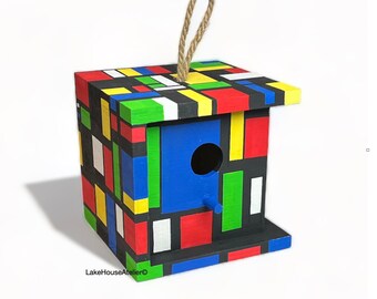 OOAK Cube Birdhouse, Hand Painted. Rubik's Cube Birdhouse. Piet Mondrian Cube House.