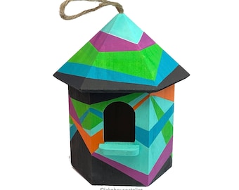 Hexagon Birdhouse Hand Painted. Hexagon Birdhouse Garden Decor.
