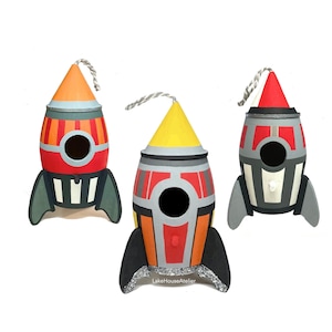 Custom Painted Rocket Ship. Geometric Space Ship. Space Theme Party Favor. Hanging Space Ship Room Decor.