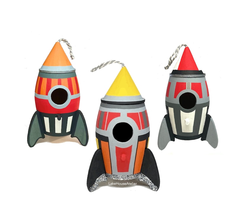 Custom Painted Rocket Ship. Geometric Space Ship. Space Theme Party Favor. Space Ship Toy. image 1