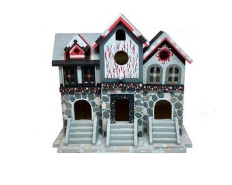 Multi-family Birdhouse Hand Painted. Black and Red Birdhouse OOAK