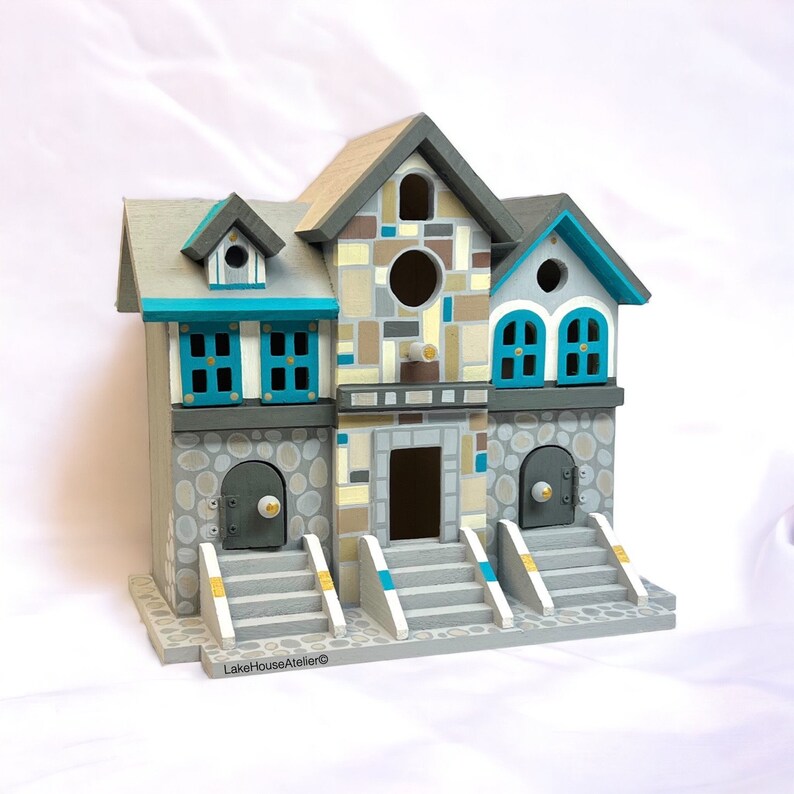 CUSTOM Birdhouse. Unique Custom Birdhouse. Cobblestone Brownstone Birdhouse. Grey/blue trim