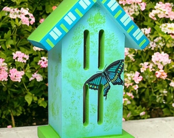 OOAK Butterfly House, Hand Painted Original Design. Insect House. Butterfly Home for your garden.