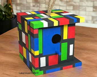 OOAK Cube Birdhouse, Hand Painted. Rubik's Cube Birdhouse. Piet Mondrian Cube House.