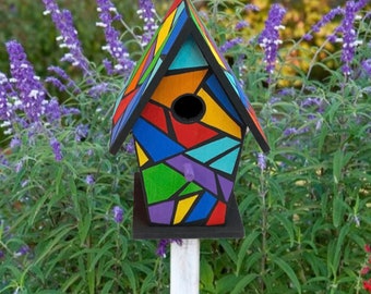 Stained Glass Style Birdhouse. Mosaic Birdhouse Hand Painted.