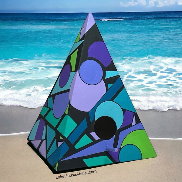 OOAK Large Unique Birdhouse, Ceramic, Hand Painted, Unique Geometric Design. One of a kind Large Triangle Ceramic Birdhouse.