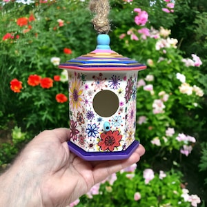 Unique Small Ceramic Birdhouse OOAK. Mini Birdhouse, Wildlife Enclosure Hand Painted. Insect Pollinator Habitat.
