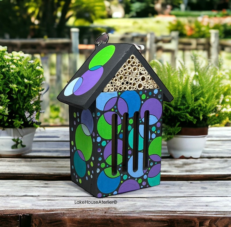 OOAK Butterfly House. Wood Insect Hotel. Butterfly House. Bee Hive. Insect House. Bee House. Hand Painted Insect House. Purple dots