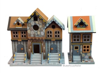 SET of OOAK Hand Painted Birdhouses. SET Wooden Birdhouses Painted.