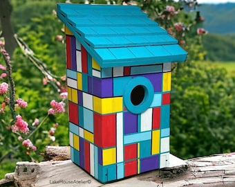 OOAK Stained Glass Style Birdhouse, with removable drawer for cleaning.