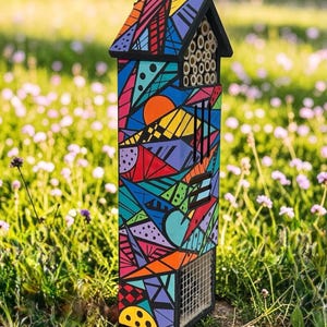Mosaic Hand Painted Insect Condo: Bee, Ladybug Home, Pollinator Palace, Butterfly House. Stained Glass Style.