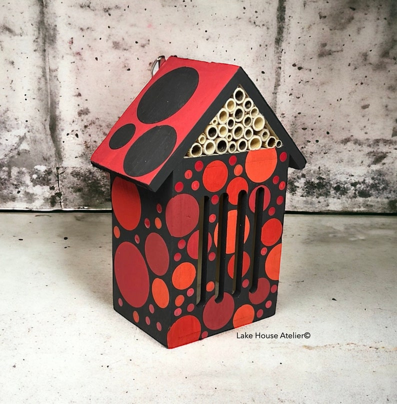 OOAK Butterfly House. Wood Insect Hotel. Butterfly House. Bee Hive. Insect House. Bee House. Hand Painted Insect House. Red dots