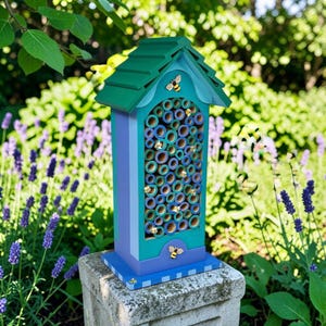 May include: A tall, rectangular bee house with a dark green peaked roof, a teal front panel, and purple sides. The center is filled with numerous hollow bamboo tubes of varying sizes, decorated with small, gold-colored bee embellishments.