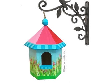 Hexagon Birdhouse with Abstract Flowers. Floral Birdhouse for the Garden.