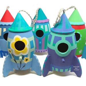 Custom Painted Rocket Ship. Geometric Space Ship. Space Theme Party Favor. Space Ship Toy. image 9