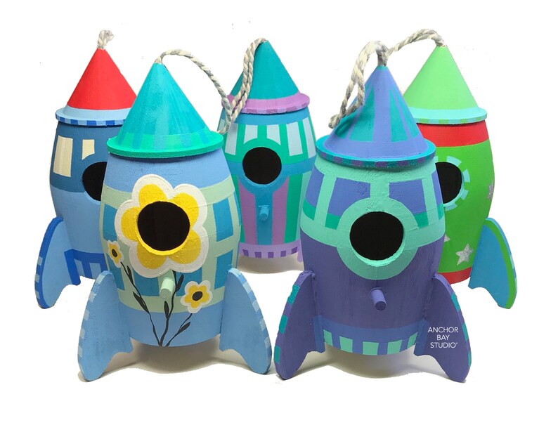 Custom Painted Rocket Ship. Geometric Space Ship. Space Theme Party Favor. Space Ship Toy. image 9