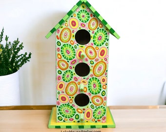 OOAK Tall Birdhouse with Three Entrance Holes. Contemporary Birdhouse. Standing Birdhouse. Tabletop Birdhouse.