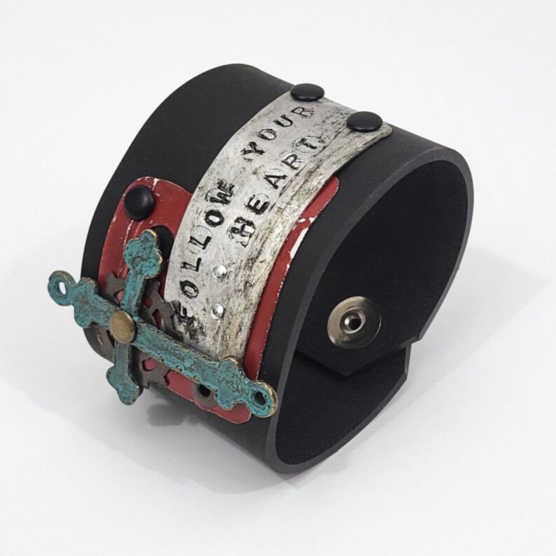 Upcycled Inner Tube Bracelet, Cross Jewelry, Follow Your Heart, Hand Stamped, Recycled Jewelry