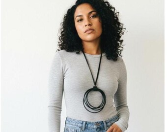 Upcycled Rubber Necklace, Large Pendant, Sustainable Handmade Jewelry, Statement Style, Black on Black