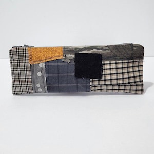 Bolsa para brochas de maquillaje, estuche para lápices, bolsa para artículos de arte, bolsa organizadora con cremallera extra larga, bolsa organizadora de monedero estilo patchwork gris reciclado
