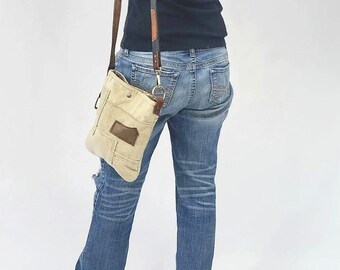 Upcycled Crossbody Bag, Small Errand Handbag, Tan Corduroy Distressed Style, Hands Free Crossbody