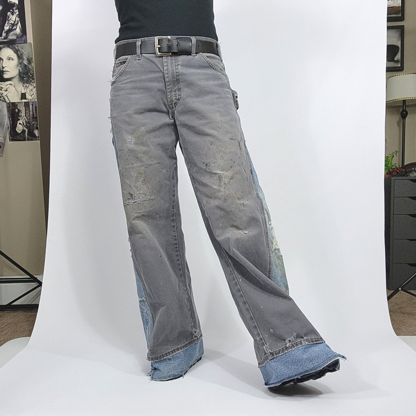 Wide-Leg Distressed Denim with Elastic Waist and Adjustable Hem - Blue main image 1